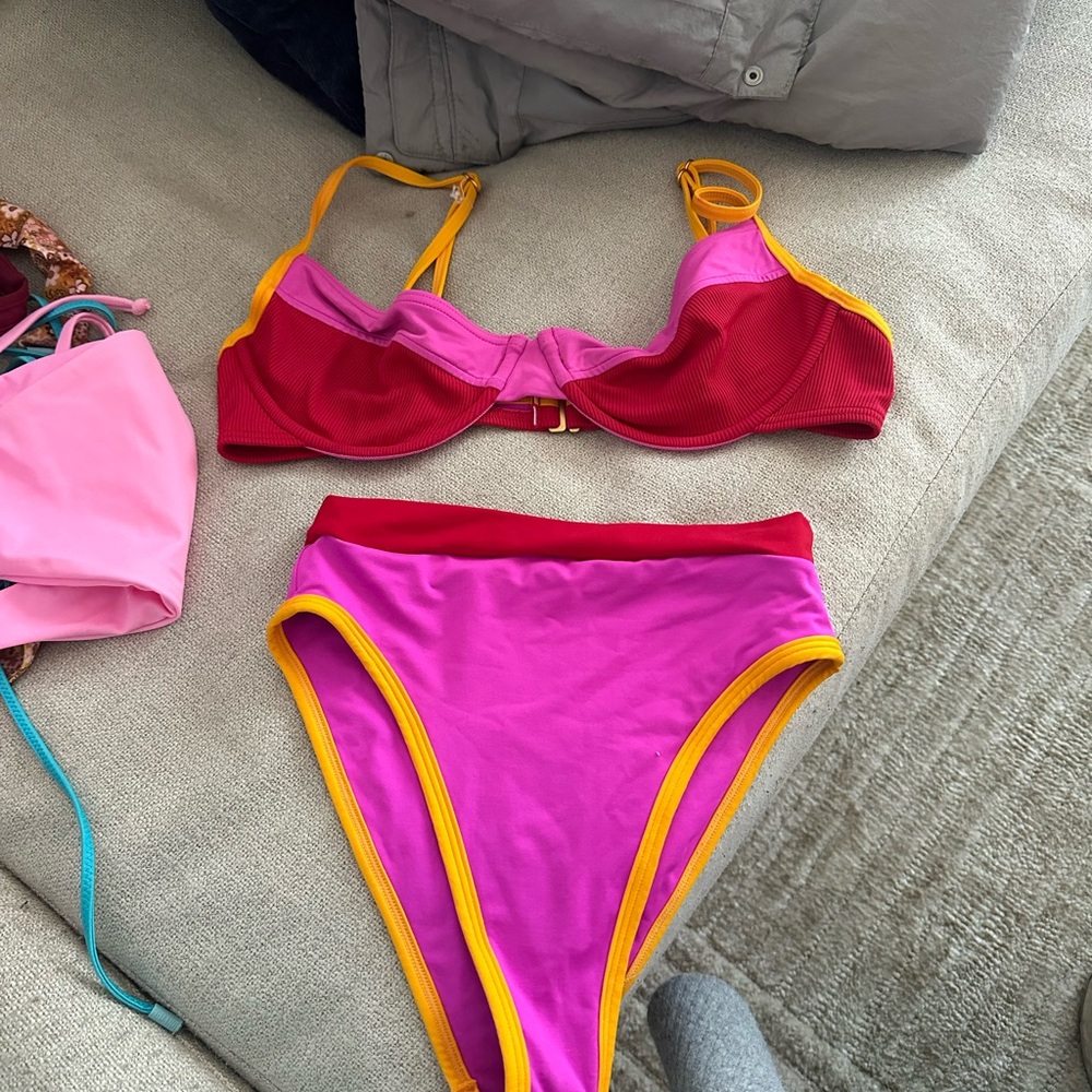 L*Space Red and Pink Bikini with Yellow Trim